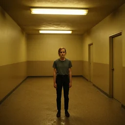 Emma Watson lost in the backrooms, old moist carpet, mono-yellow, fluorescent lights, randomly segmented rooms, eerie