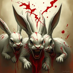 very very aggressive bunnies thirsty for blood, injuries, beheaded bunnies, very red blood, blood, killing, grotesque, grotesque, assassin rabbit of caerbannog, makoto shinkai, james ryman