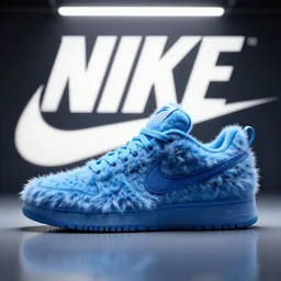poster nike shoe made of very fluffy blue faux fur placed on reflective surface, professional advertising, overhead lighting, heavy detail, realistic by nate vanhook, mark miner