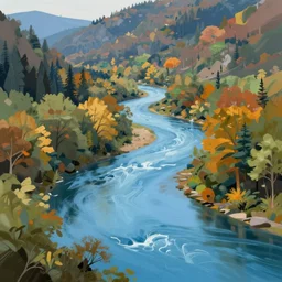 digital painting of a lush river valley by gerald brom. blue river. autumn day. chiho aoshima. digital render. detailed. beautiful landscape.