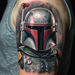 ultra realistic tattoo of boba fett, art by frank frazetta, 4 k, ultra realistic, highly detailed, epic lighting