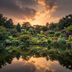 a beautiful landscape photography of the garden of eden. lake reflections in the foreground, sunset, dramatic lighting by Marc Adamus