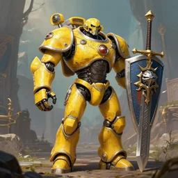 human-sized strong intricate yellow pit droid holding large paladin medieval shield!!! and a long medieval engraved powerful great sword, pancake short large head painterly humanoid mecha, beautiful fantasy background by Greg Rutkowski