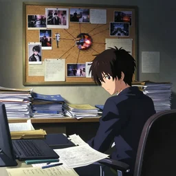 a cinematic shot from the detective noir anime film by makoto shinkai of the ( ( ( ( cyberpunk ) ) ) ) detective's disorganised desk with stacks of folders and files and the wall with a corkboard of crime connections ( ( ( crimescene photos, cases and notes ) ) ) in her bedroom, in the style of the anime series ergo proxy, featured on art