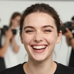 close up portrait symmetrical accurate famous studio actress photographer never before seen behind the scenes outtake, candid. laughing. 8 k
