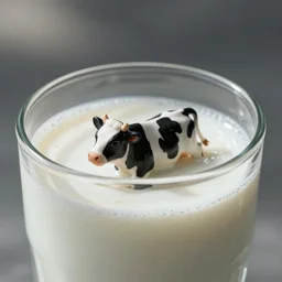 tiny cow swimming in a glass of milk