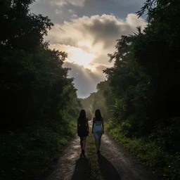 sisters meet in dark lush tunnel, cinematic lighting, wispy clouds, positive dawn,