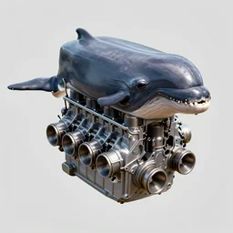 digital art of cachalot with the large rectangular head and narrow jaw with eight - cylinder pistons from v 8 engine sticking out of his head, mix of engine and head, full - body in horizontal pose, side view, wide angle, long shot, in the style of cyberpunk
