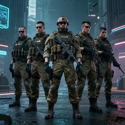 Military stands in cyberpunk style