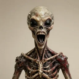 humanoid with crooked teeth, two shallow black eyes, long open black mouth, alien looking, big forehead, horrifying, killer, creepy, sepia tint, long open black mouth, dead, looking straight into camera, realistic, slightly red, long neck, boney, monster, tall, skinny, skullish, deathly, in the style of alfred kubin