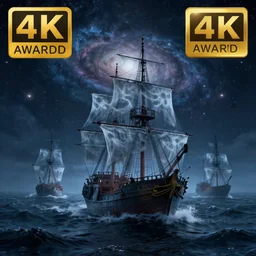 ghost ships on a stormy sea with galaxies in the sky ,highly detailed, 4k, HDR, award-winning, artstation, octane render