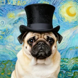 a pug wearing a top hat, van gogh