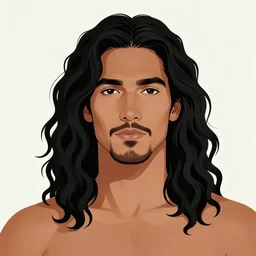 illustration of a handsome!! man with long black curly hair + tan skin + anchor goatee | wearing a cowboy hat + open denim jacket | art by hirohiko araki & jean giraud & artgerm & jack kirby | artstation, character design, concept art, full body, digital painting | intricate, high detail, smooth, sharp focus