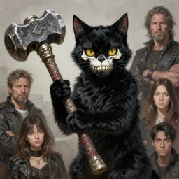 black cat with skull makeup holding a giant hammer, d & d, fantasy, highly detailed, digital painting, trending on artstation, concept art, sharp focus, illustration, global illumination, shaded, art by artgerm and greg rutkowski and fuji choko and viktoria gavrilenko and hoang lap