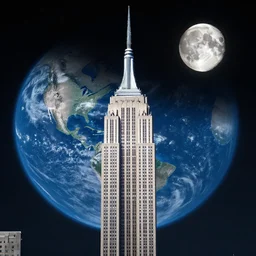 The empire state building on the moon, dark atmosphere, high exposure image of earth!!!!!! in the sky