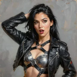 overwatch style oil painting portrait of as woman with black hair and a leather jacket, confident pose, 4 k, expressive surprised expression, makeup, wearing sleek armor, studio lighting, black leather harness, expressive detailed face and eyes,