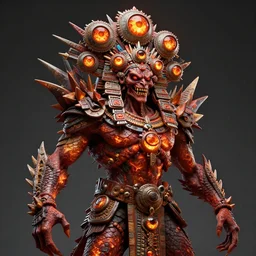 a highly detailed scary aztec demon god with multiple eyes and spikes, limbs by alex gray, android jones, karol bak, ayami kojima, artgerm, concept art, sharp angles, pattern, dragon skin, fire amber, glowing eyes, smirking expression, 3 d, octane render, 8 k, unreal engine