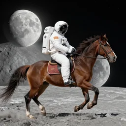 a horse rides an astronaut on the moon