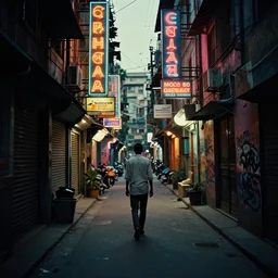 a detailed photo of a lonely man walking down a claustrophobic narrow street at night with neon signs, graffiti in kolkata, india in the style of ansel adams, man ray