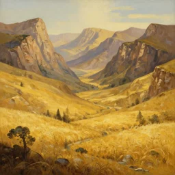 illustration of a golden valley between epic mountains, realistic painting, classical painting, high definition, digital art, matte painting, very detailed, realistic