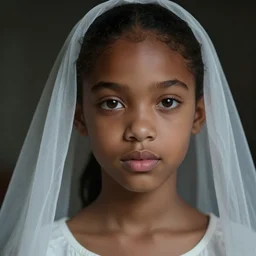 a photorealistic hyperrealistic, bright brown eyes, light skinned african young girl, ponytail hair, flawless face, beautiful lips, cute face, white veil, by wlop, artgerm, greg rutwoski, alphonse mucha, beautiful dynamic dramatic low - light moody lighting, cinematic atmosphere, artstation, concept design art, octane render, 8 k