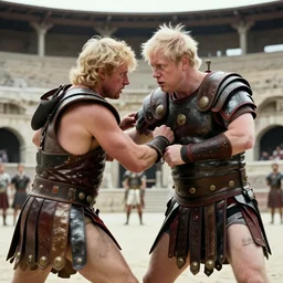 film still of a gladiator arena duel fight, boris johnson wrestles [ emmanuel ] [ macron ], epic cinematic shot