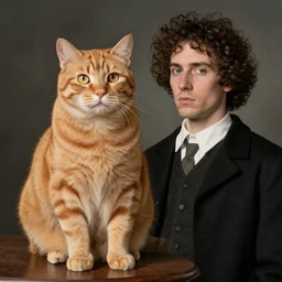 fat orange tabby cat next curly haired man, style of american gothic by grant wood