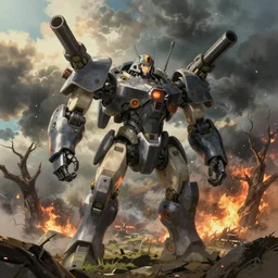 a mech with guns on each arm preparing for combat, battlefield, dead trees, fire, smoke, dark clouds, slightly sunny, ominous, intense, epic, extremely detailed, cinematic lighting, studio ghibli, anime,