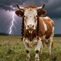 real life photo of a beautiful Guernsey Cow, full body photoshoot, long braided curly brown hair, twisted braids, brown watery eyes, full round face, short smile, short horns, serene field setting, cinematic lightning, medium shot, mid-shot, highly detailed, trending on artstation, Unreal Engine 4k, 80mm, 85mm, cinematic wallpaper