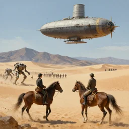 a person riding a horse in the desert in the foreground, a battle between soldiers and 1920's bipedal mechs in the distance, mountains in the background, a large steampunk airship patrolling above, painted by Jakub Rozalski