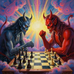 [ style ] [ sharp details ] [ gorgeous oil painting ] [ palate ] [ gothic colors ] playing chess against the devil 👹 to get into heaven, checkmate the devil, vibrant paisley neon clouds, radiant light rays, symmetrical details, sharp focus, photorealistic painting, award winning painting, volumetric lighting, artstation,