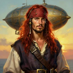 portrait painting of a handsome rugged long hair crimson hair male pirate, soft hair steampunk ornate zeppelin blimp airship in the background sky sunset golden hour art by raphael lacoste and stephan martiniere greg rutkowski gaston bussiere fantasy soft hair trending on artstation deviantart book cover art concept art key art dramatic volumetric lighting, 4 k, award winning