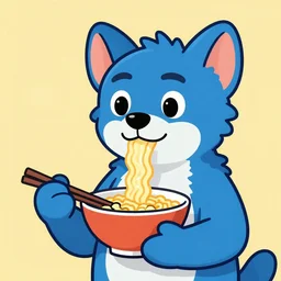 An anthropomorphic blue hyena holding a block of ramen