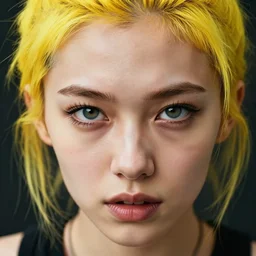 muscular thin woman with messy yellow hair young caucasian actress close up, boisterous, rugged, cute, modern style, 1 5 0 mm f 2. 8, extreme close up face shot, hasselblad, art, brian ingram, steve mccurry, high quality, 4 k, dramatic lighting, eye reflections