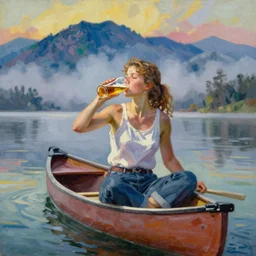 “ a girl sitting in canoe on the hudson river drinking beer, mountains in fog background, vibrant colors, sharp detail, oil painting, by andrew wyeth ”