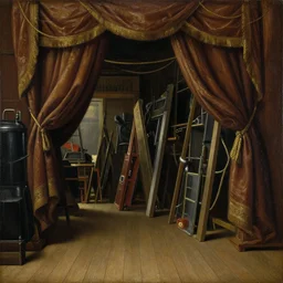 painting of the backstage of an old theater, curtains, drapes, ropes, theatre equipment, backside of scenography elements, wooden floor boards, gloomy lighting, oil painting, northern renaissance art, oil on canvas, wet - on - wet technique, realistic, intricate textures, illusionistic detail