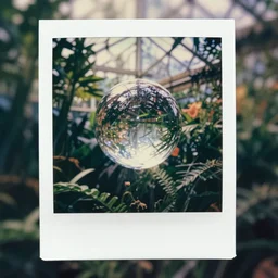 grainy Polaroid film photograph of a highly reflective floating glass orb in a tropical greenhouse. super resolution. surreal. Extremely detailed. Polaroid 600 film. by Annie Leibovitz and Richard Avedon