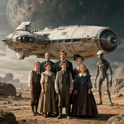highly detailed, 2048777216k film still from a sci fi blockbuster color movie made in 2019, set in 1860, of a family standing in front of a spaceship that has just landed on an alien planet, a humanoid alien creature stands nearby, the family are all wearing 1860s era clothes, in focus, good lighting, good photography, ultra high definition