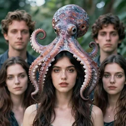 a stunning intricate portrait of an beautiful woman wearing an octopus as a hat, epic character composition, by katsura masakazu, alessio albi, ilya kuvshinov, nina masic, soft focus, vertical portrait, natural lighting, f 2, 5 0 mm, classic chrome, film grain, cinematic lighting