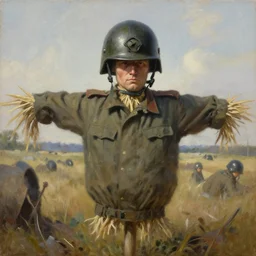 a soldier's helmet hung over a scarecrow in the middle of a battlefield. by Daniel F. Gerhartz, hyperrealistic oil painting, 4k, studio lightning, very detailed face