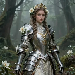 epic hyperdetailed portrait of beautiful flower armored knight girl in the misty rainforest. by greg rutkowski, highly detailed portrait, rococo, smooth, sharp foccus ilustration, artstation hq. intricate, elegant. art by wlop and artgerm, masterpiece..