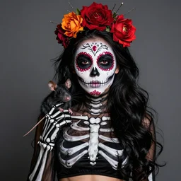 halloween beauty portrait of a skeleton rat of death, the makeup on the face. day of the dead. charming and dangerous calavera catrina, trending on artstation, greg rutkowski, john singer sargent, crop top, intricate