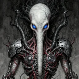 naraka buddhist alien demon korean, no face, tubular creature, blood vessels, blue eyes, black energy, dystopian surrealism, zdzisław beksinski, symmetry accurate features, very intricate details, high resolution, symmetrical long head, smooth marble surfaces, detailed ink illustration, robot, metal gear, cinematic smooth stone, deep aesthetic, concept art