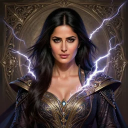 head-on centered symmetrical painted portrait, Katrina Kaif as a D&D Lightning Mage, intricate fantasy robes, fantasy, intricate, elegant, highly detailed, digital painting, smooth, sharp focus, illustration, dramatic lighting, artstation, in the style of Artgerm and Anna Podedworna and Alex Ross