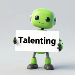 a green bot holding a sign written talenting, talenting, with the text talenting
