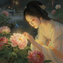 ancient fantasy garden at night, close - up of a beautiful woman caring for peonies, beautiful face, natural pose, pond, ethereal warm light, mist, fantasy world, coherent composition, detailed fantasy painting, yuumei, noriyoshi ohrai, ( ( rolf armstrong ) )