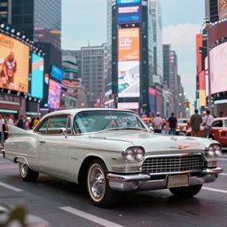 vintage cadillac in times square in the 1 9 7 0 s, grand theft auto, photorealistic hyperdetailed 3 d matte painting,, hyperrealistic, cinematic, unrealengine octane render,
