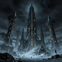 haunted alien city of impossible towers and gravity - defying megastructures in the mountains of antarctica by bill sienkiewicz, rodney matthews and lucasfilm, upward angle, extremely hyperdetailed, photorealism, 8 k, 8 mm, eerie night lighting, lovecraftian