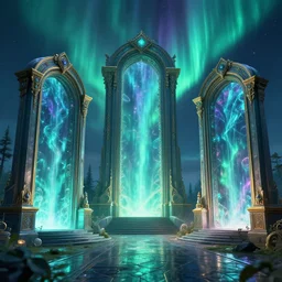 a very detailed concept art of intricate and well designed magical gates infused with aurora borealis, dynamic lighting, trending on artstation, path traced, highly detailed, high quality, digital art, 4 k, hyper realistic, octane render, sharp focus