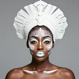 absurdly beautiful, fashionable young african woman with very dark skin and symmetrical white tribal makeup, wearing an intricate headdress made from white feathers, wearing large earrings made from white pearls, ambient background in the fourth dimension, psychedellic fractals, ayahausca, tryptamine, hyperdetailed illustration by irakli nadar and alexandre ferra, intricate linework, unreal engine 5 highly rendered, global illumination, radiant light, detailed and intricate environment